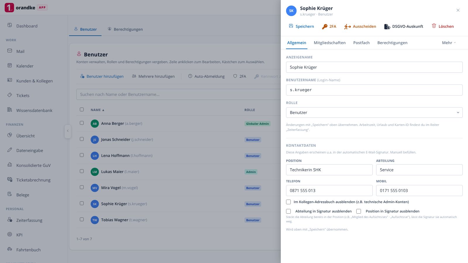 orandke ONE – Benutzer-Panel: Vertrag, Ein- und Austritt, DSGVO-Auskunft