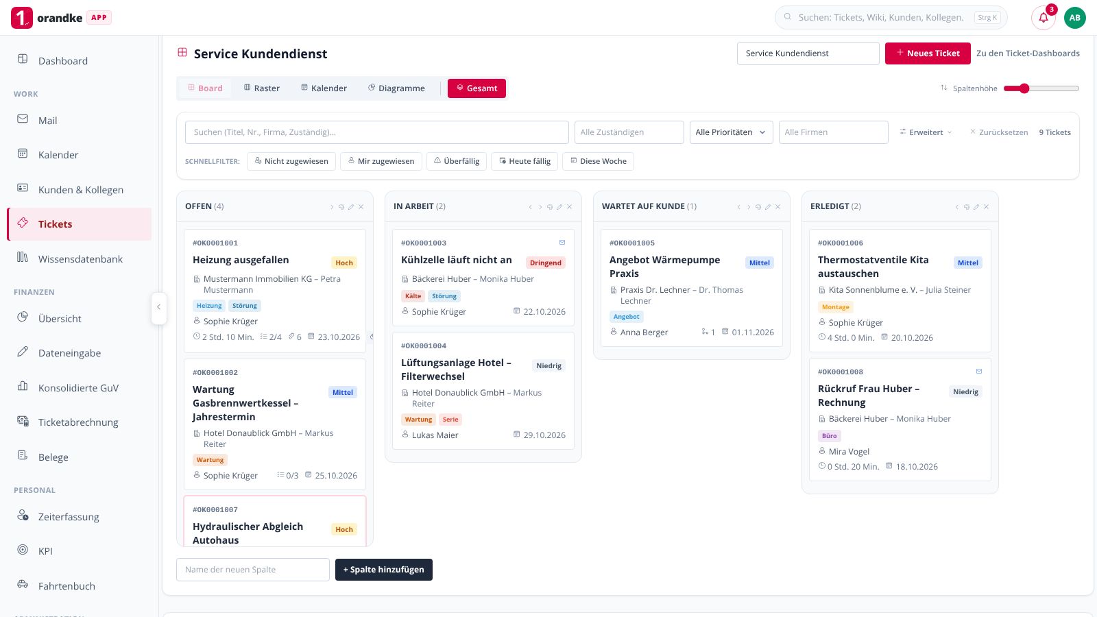 orandke ONE – Ticket-Board mit Spalten, Karten und Schnellfiltern