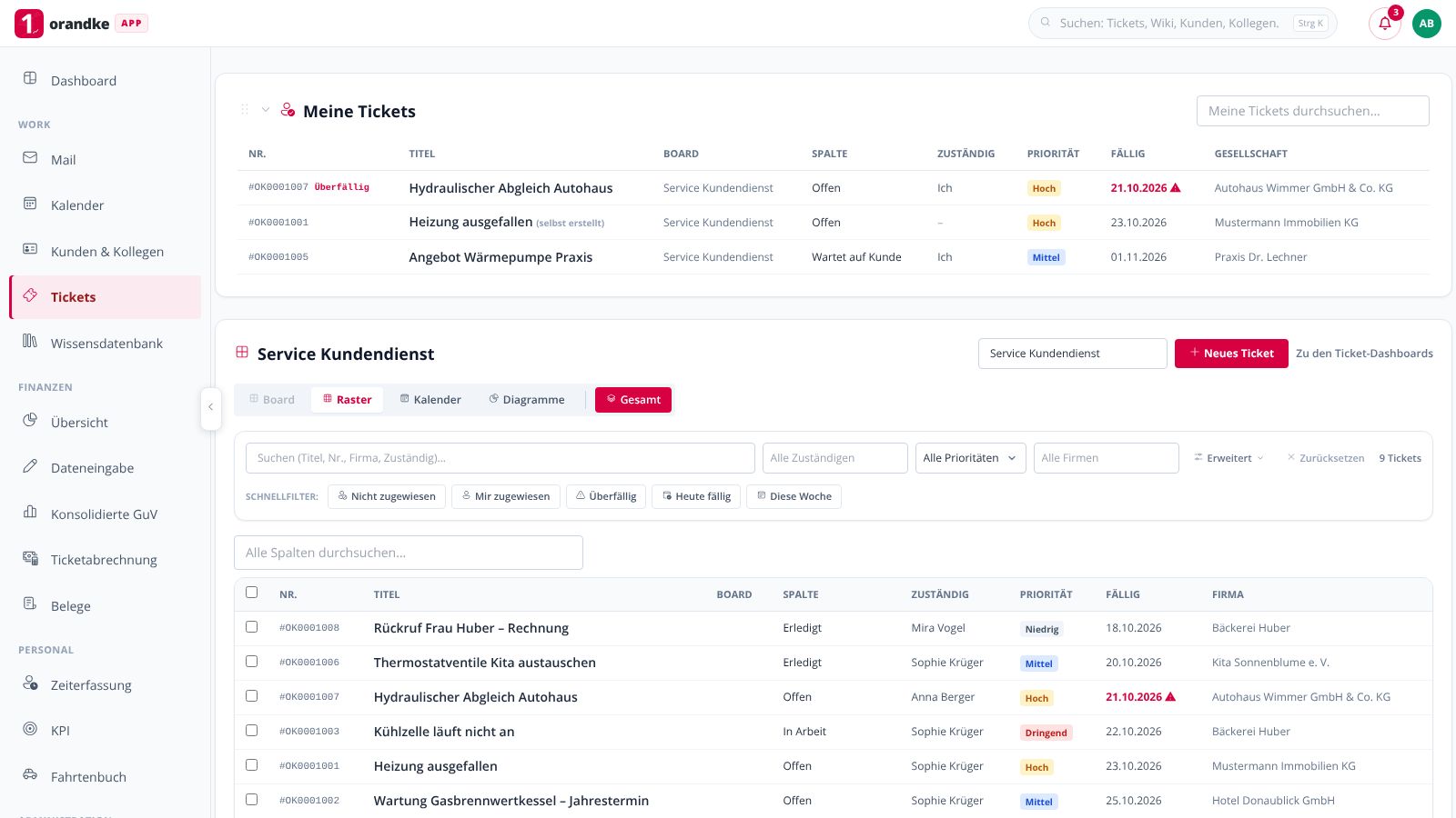 orandke ONE – Meine Tickets und Listenansicht eines Boards