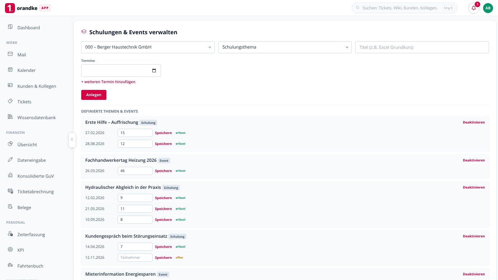 orandke ONE – Schulungen und Events verwalten: Thema, Trainer, Termine, Teilnehmer