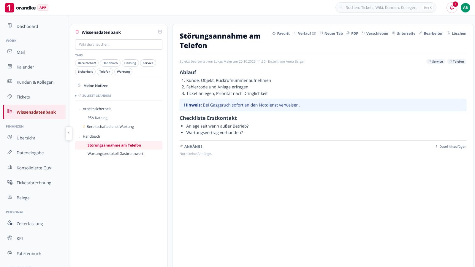 orandke ONE – Wissensdatenbank mit Seitenbaum und Anleitung